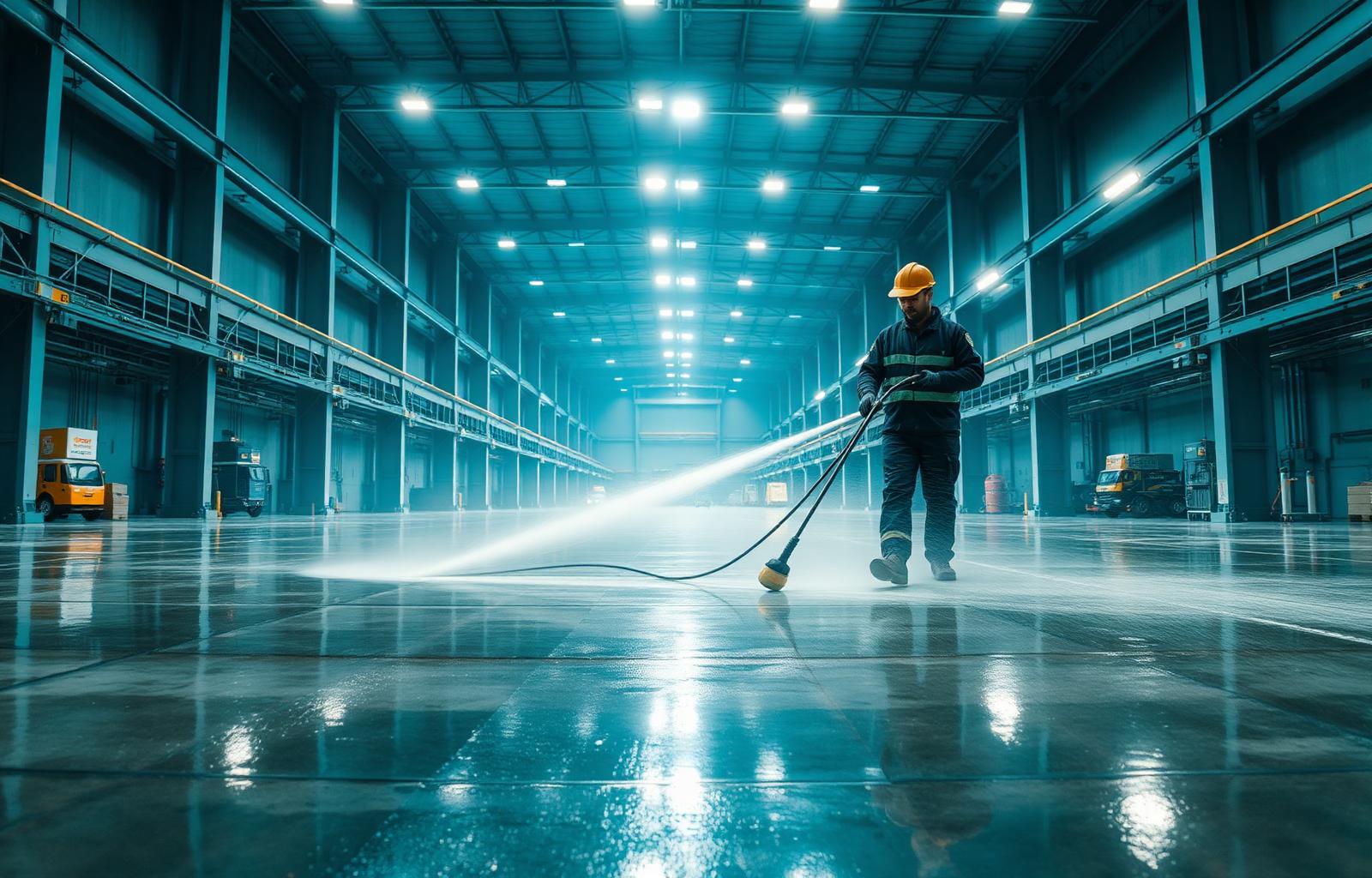 Industrial cleaner pressure-washing a large warehouse floor